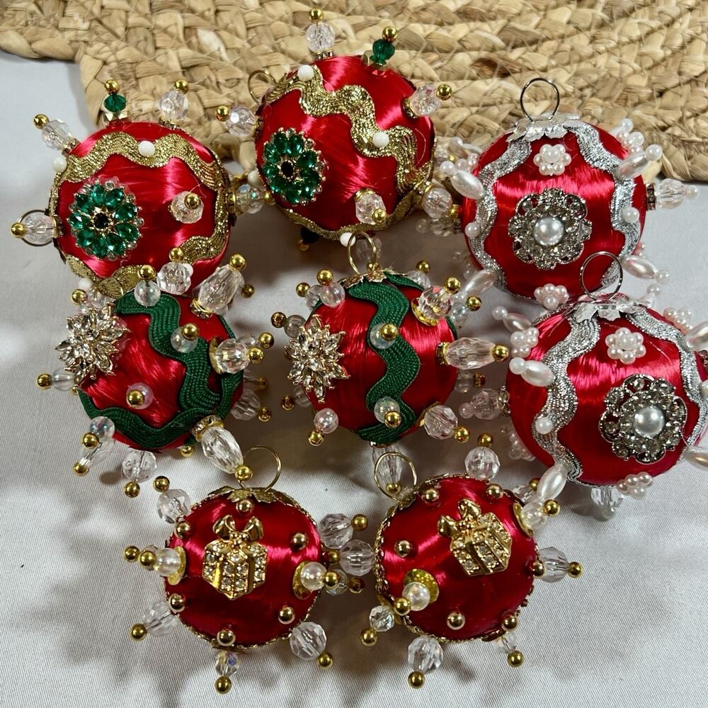 Lot 24 Small Glass & Push Pin Satin Ball Christmas Ornaments Vintage Handmade - Picture 3 of 15